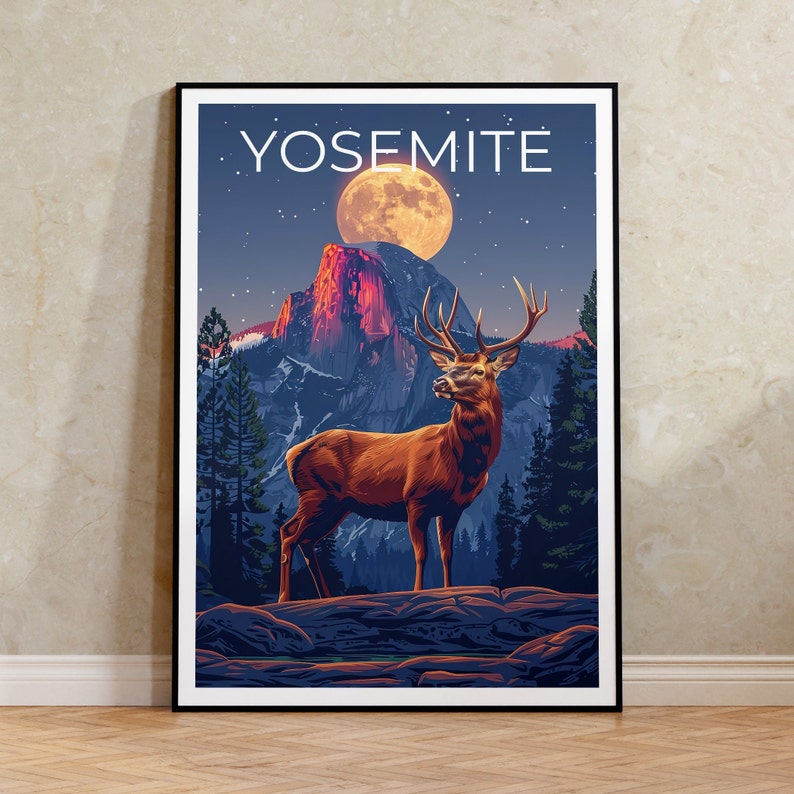Affiche Yosemite, Impression Yosemite, Art du cerf, Impression de cerf, Affiche du parc national de Yosemite, Affiche de Californie