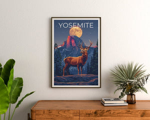 Affiche Yosemite, Impression Yosemite, Art du cerf, Impression de cerf, Affiche du parc national de Yosemite, Affiche de Californie