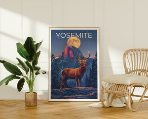Affiche Yosemite, Impression Yosemite, Art du cerf, Impression de cerf, Affiche du parc national de Yosemite, Affiche de Californie