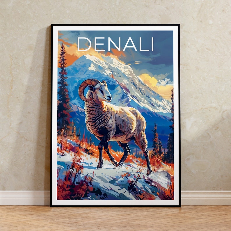 Affiche du parc national de Denali, impression Denali, art Denali, affiche de bélier, impression de bélier, affiche d'Alaska