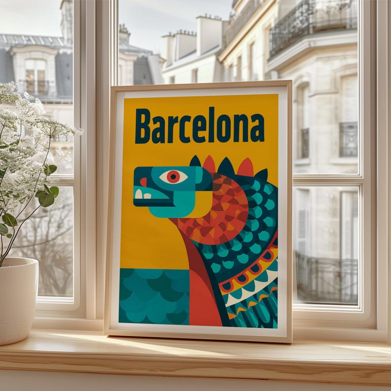 Barcelona Poster, Park Guell Dragon Travel Print, Spain Art, Europe Poster, Scenic Wall Art, Home Decor, Birthday Gift
