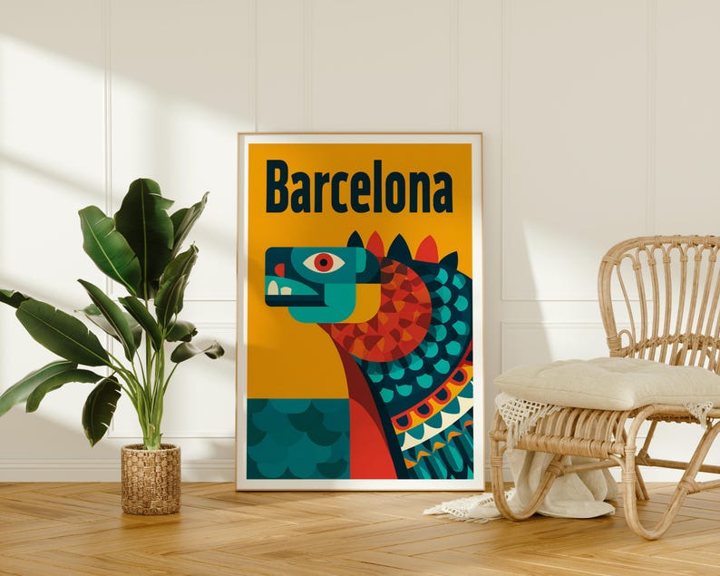 Barcelona Poster, Park Guell Dragon Travel Print, Spain Art, Europe Poster, Scenic Wall Art, Home Decor, Birthday Gift