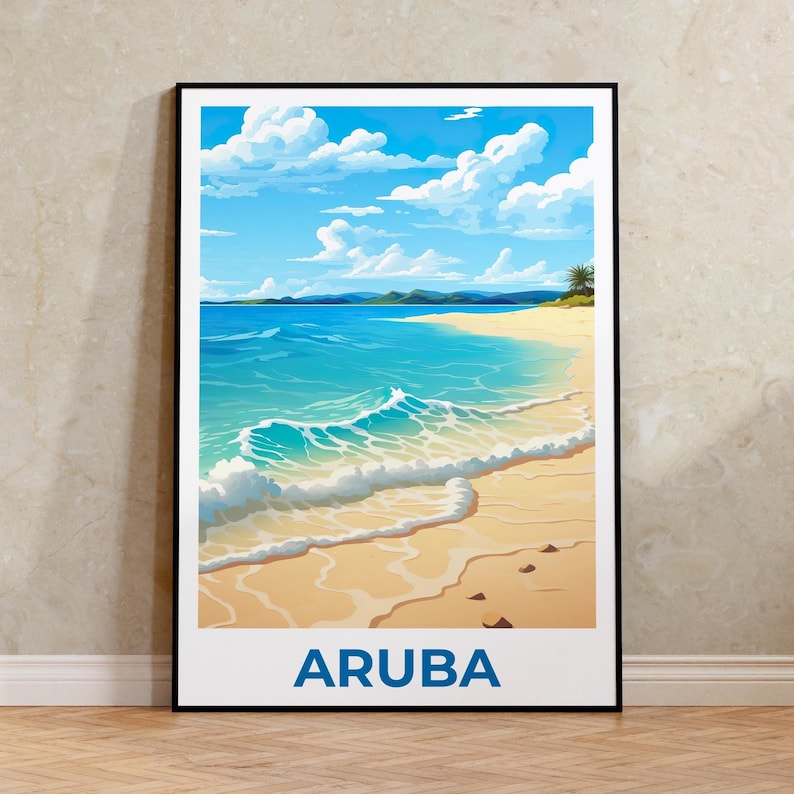 Aruba Travel Print, Beach Poster, Shore Wall Art, Tropical Island Illustration, Aruba Poster, Home Decor