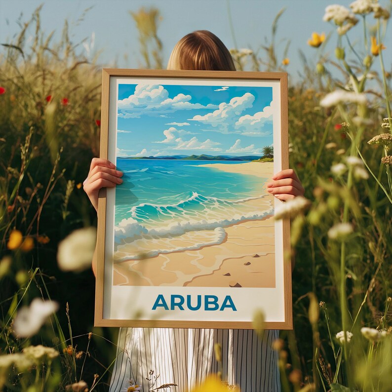 Aruba Travel Print, Beach Poster, Shore Wall Art, Tropical Island Illustration, Aruba Poster, Home Decor