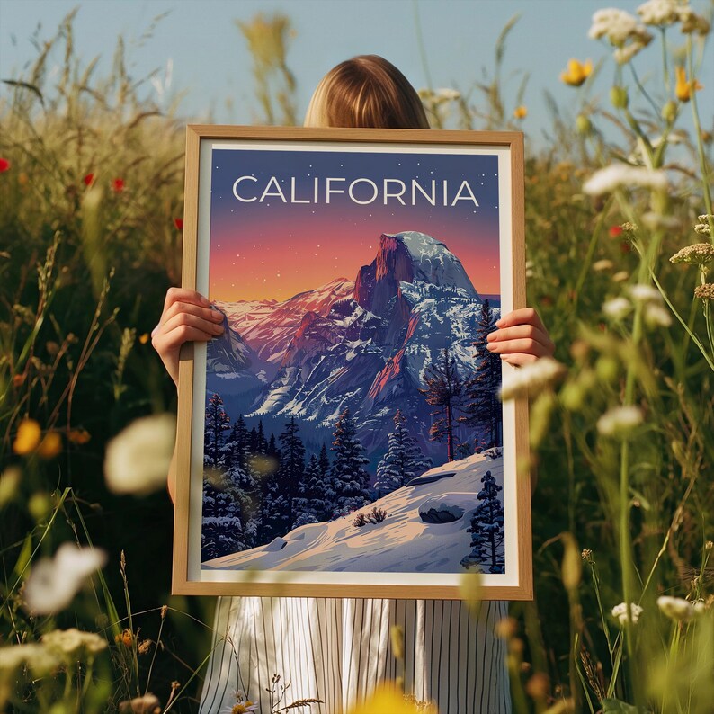California Travel Print, Yosemite Poster, Half Dome Wall Art, Mountain Illustration, National Park Print, Home Decor, Birthday Gift