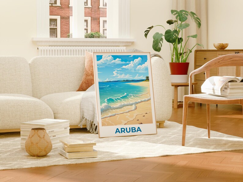 Aruba Travel Print, Beach Poster, Shore Wall Art, Tropical Island Illustration, Aruba Poster, Home Decor