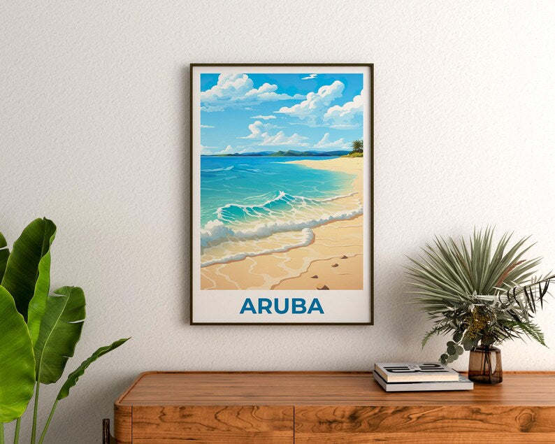 Aruba Travel Print, Beach Poster, Shore Wall Art, Tropical Island Illustration, Aruba Poster, Home Decor