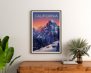 California Travel Print, Yosemite Poster, Half Dome Wall Art, Mountain Illustration, National Park Print, Home Decor, Birthday Gift