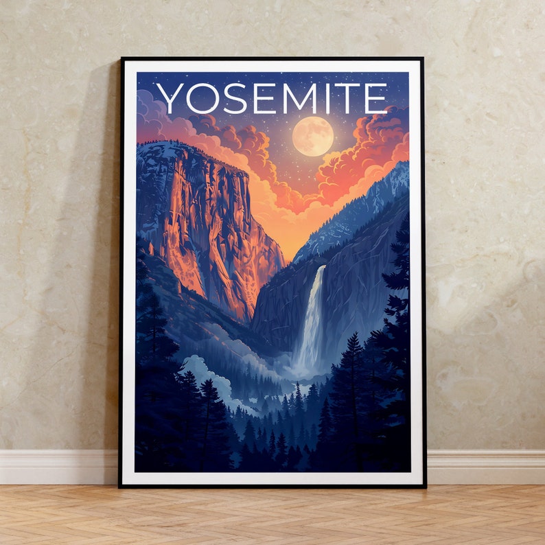Affiche du parc national de Yosemite, impression de Yosemite, affiche de cascade, affiche de Californie, affiche de voyage en Californie, art de Yosemite, cadeau de Yosemite
