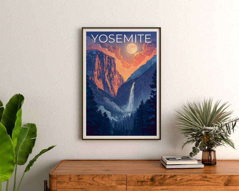 Affiche du parc national de Yosemite, impression de Yosemite, affiche de cascade, affiche de Californie, affiche de voyage en Californie, art de Yosemite, cadeau de Yosemite