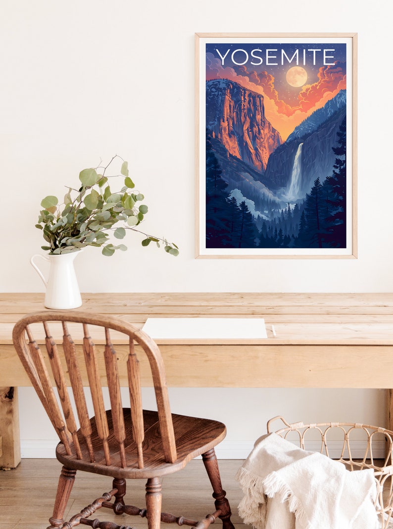 Affiche du parc national de Yosemite, impression de Yosemite, affiche de cascade, affiche de Californie, affiche de voyage en Californie, art de Yosemite, cadeau de Yosemite