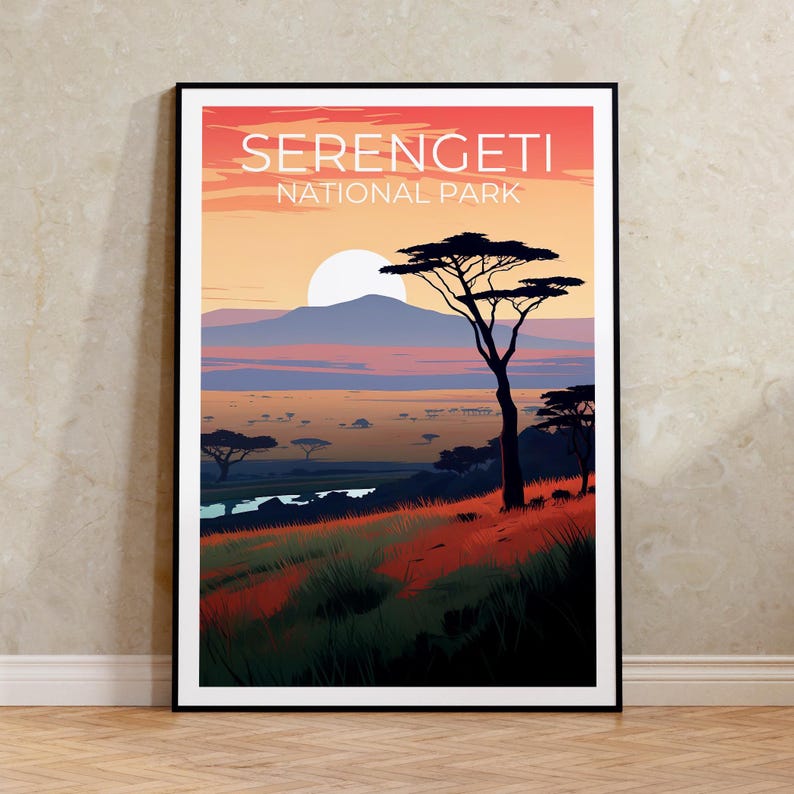 Serengeti National Park Travel Print, Tanzania Poster, Savannah Wall Art, Africa Illustration, Serengeti  Poster, Home Decor