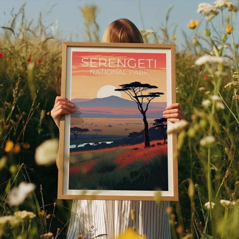 Serengeti National Park Travel Print, Tanzania Poster, Savannah Wall Art, Africa Illustration, Serengeti  Poster, Home Decor