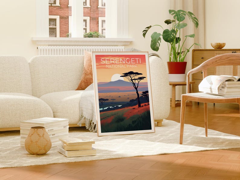 Serengeti National Park Travel Print, Tanzania Poster, Savannah Wall Art, Africa Illustration, Serengeti  Poster, Home Decor