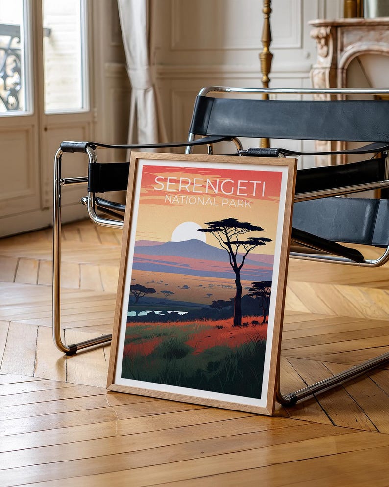 Serengeti National Park Travel Print, Tanzania Poster, Savannah Wall Art, Africa Illustration, Serengeti  Poster, Home Decor
