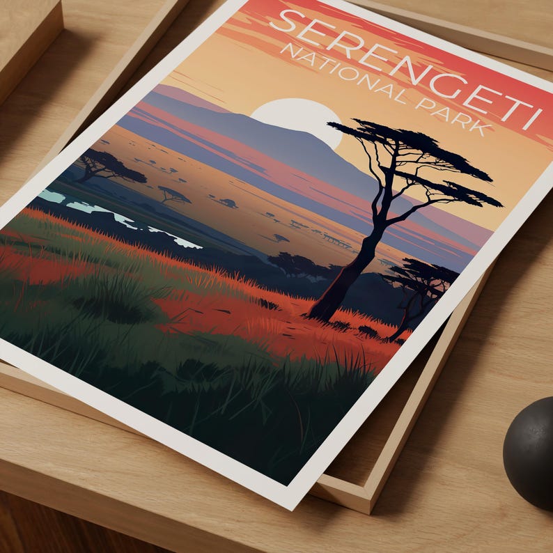 Serengeti National Park Travel Print, Tanzania Poster, Savannah Wall Art, Africa Illustration, Serengeti  Poster, Home Decor