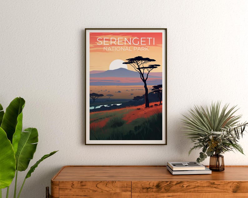 Serengeti National Park Travel Print, Tanzania Poster, Savannah Wall Art, Africa Illustration, Serengeti  Poster, Home Decor