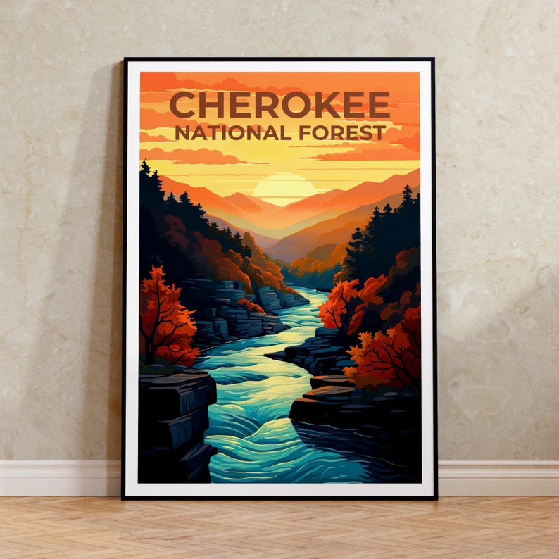 Cherokee National Forest Poster, Tennessee Travel Print, Nature Wall Art, Mountains Illustration, Home Decor, Birthday Gift