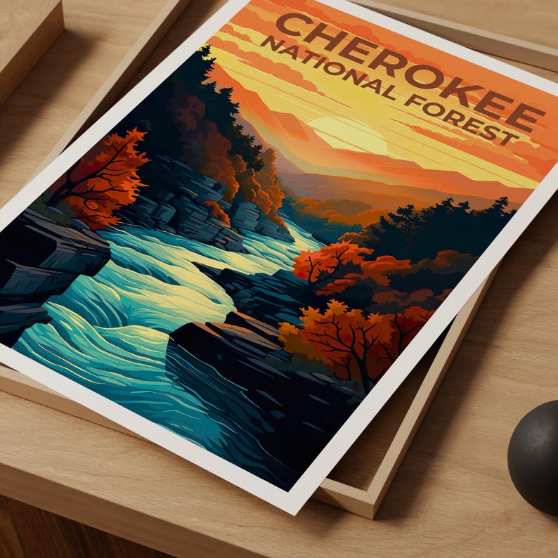 Cherokee National Forest Poster, Tennessee Travel Print, Nature Wall Art, Mountains Illustration, Home Decor, Birthday Gift