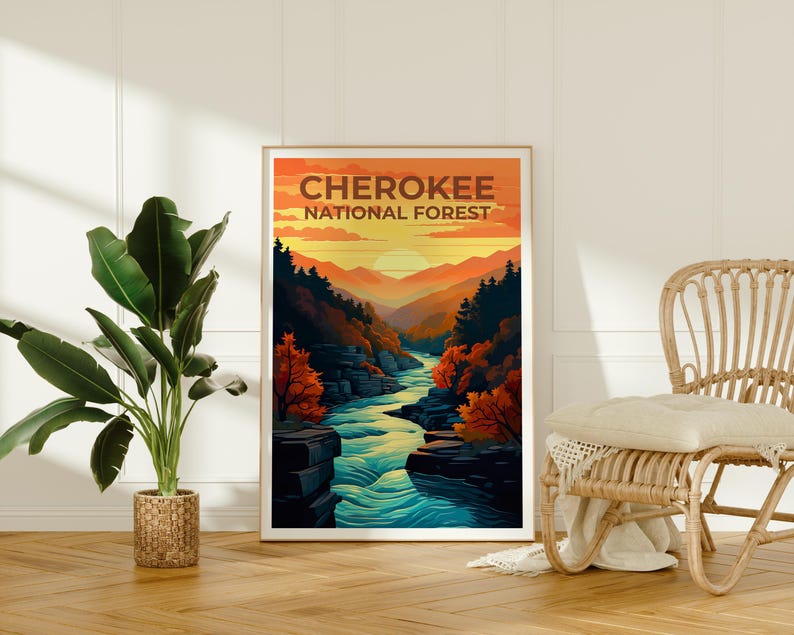 Cherokee National Forest Poster, Tennessee Travel Print, Nature Wall Art, Mountains Illustration, Home Decor, Birthday Gift