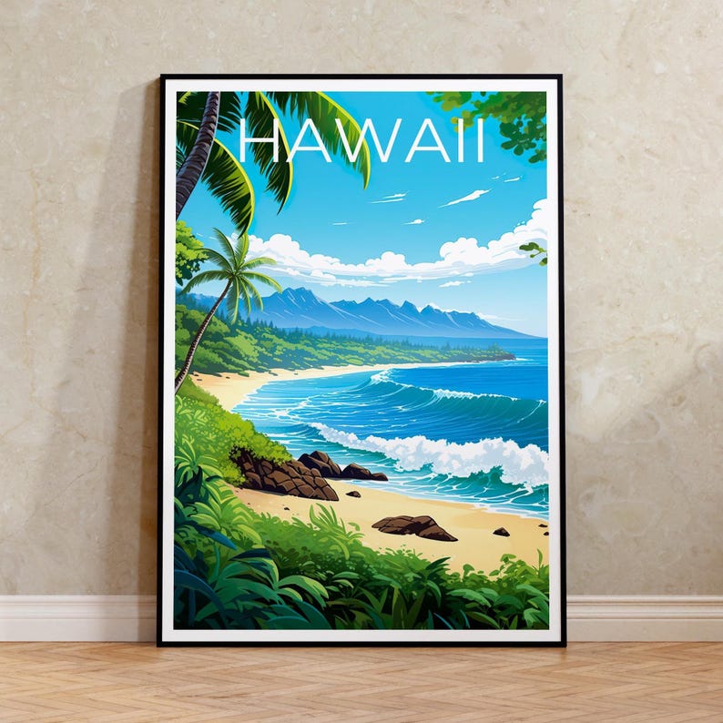 Hawaii Poster, Beach Travel Print, Tropical Island Art, Coast Illustration, Landscape Poster, Scenic Wall Art, Home Decor, Birthday Gift