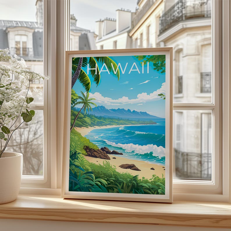 Hawaii Poster, Beach Travel Print, Tropical Island Art, Coast Illustration, Landscape Poster, Scenic Wall Art, Home Decor, Birthday Gift