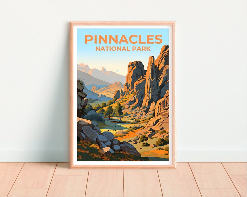 Affiche de voyage Pinnacles, art mural de Californie, impression de Californie, affiche Pinnacles, affiche nature, affiche de randonnée, art Pinnacles