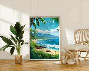 Hawaii Poster, Beach Travel Print, Tropical Island Art, Coast Illustration, Landscape Poster, Scenic Wall Art, Home Decor, Birthday Gift