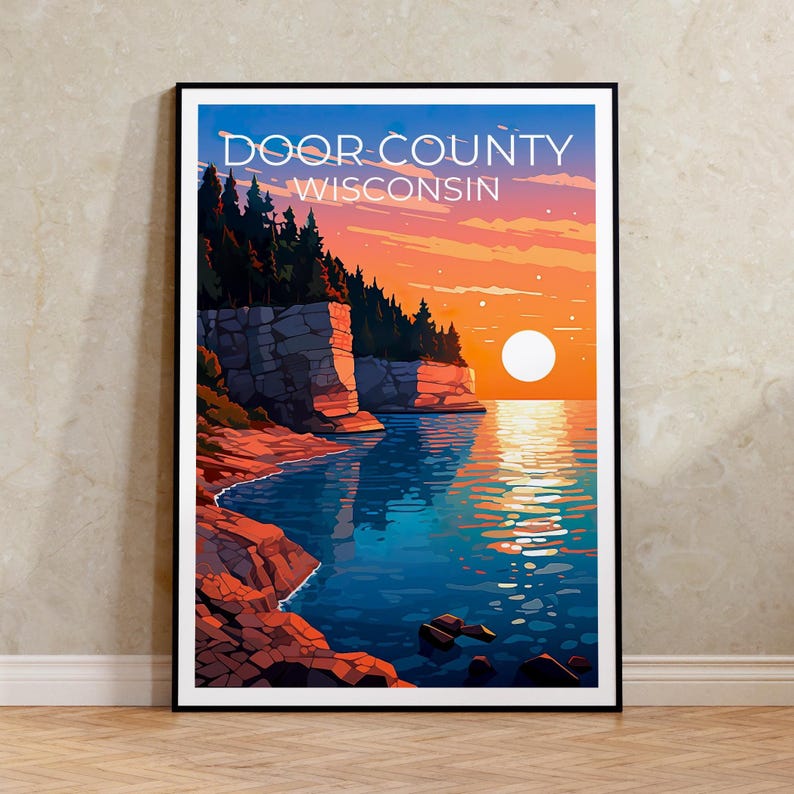 Door County Travel Print, Wisconsin Poster, Cliff Wall Art, Coast Illustration, Door County Poster, Home Decor, Birthday Gift