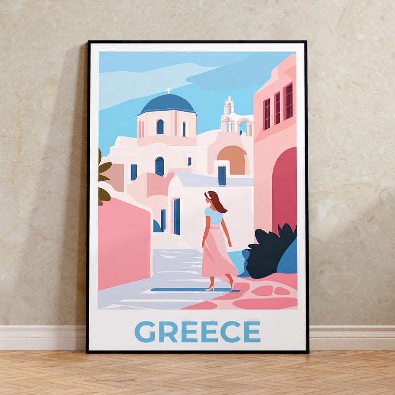 Greece Travel Poster, Santorini Print, Minimalist Art, Europe Illustration, Landscape Poster, Scenic Wall Art, Home Decor, Birthday Gift