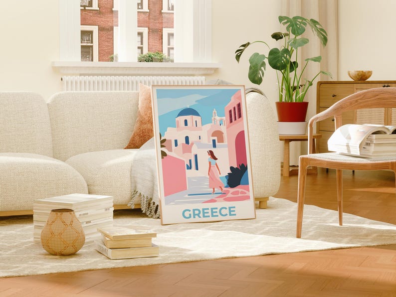 Greece Travel Poster, Santorini Print, Minimalist Art, Europe Illustration, Landscape Poster, Scenic Wall Art, Home Decor, Birthday Gift
