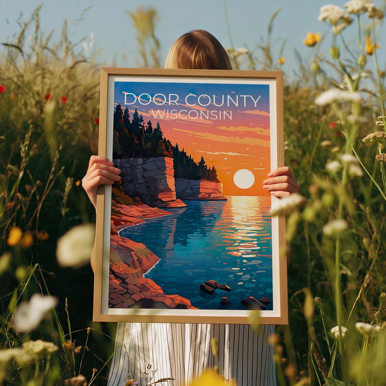 Door County Travel Print, Wisconsin Poster, Cliff Wall Art, Coast Illustration, Door County Poster, Home Decor, Birthday Gift