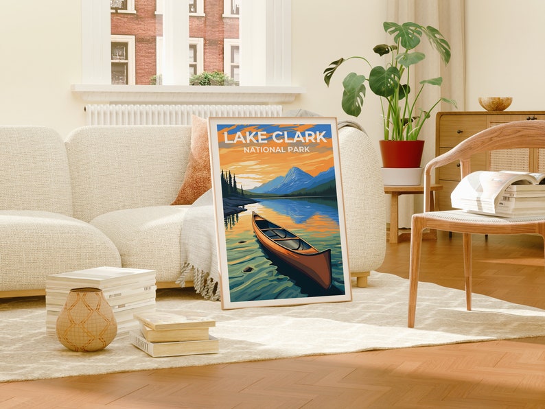 Affiche de voyage sur le lac Clark, art mural sur l'Alaska, impression sur l'Alaska, affiche sur le lac Clark, affiche sur le lac, affiche sur la nature, art sur le lac Clark