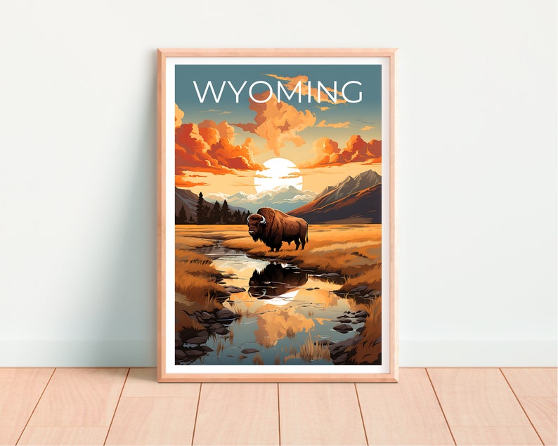 Wyoming Poster, Bison Print, Bison Art, Bison Print, Wyoming Travel Poster, Mountain Poster, Wyoming Gift