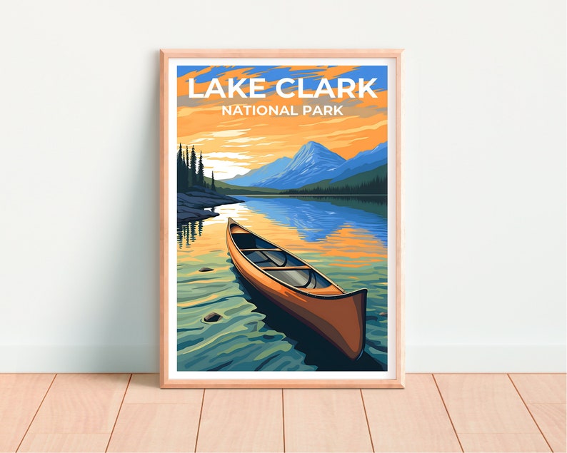 Affiche de voyage sur le lac Clark, art mural sur l'Alaska, impression sur l'Alaska, affiche sur le lac Clark, affiche sur le lac, affiche sur la nature, art sur le lac Clark