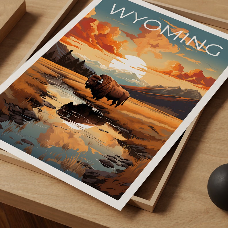 Wyoming Poster, Bison Print, Bison Art, Bison Print, Wyoming Travel Poster, Mountain Poster, Wyoming Gift