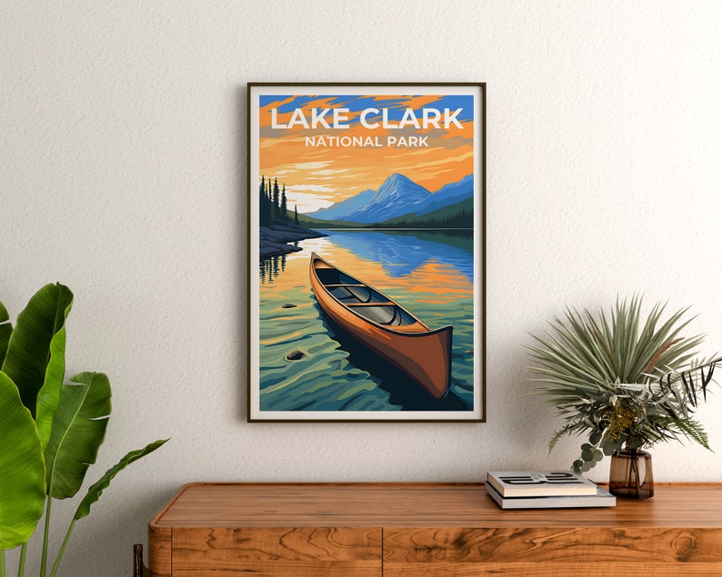 Affiche de voyage sur le lac Clark, art mural sur l'Alaska, impression sur l'Alaska, affiche sur le lac Clark, affiche sur le lac, affiche sur la nature, art sur le lac Clark