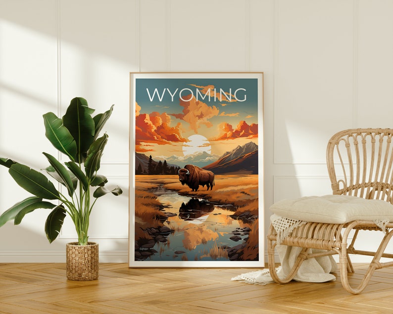 Wyoming Poster, Bison Print, Bison Art, Bison Print, Wyoming Travel Poster, Mountain Poster, Wyoming Gift