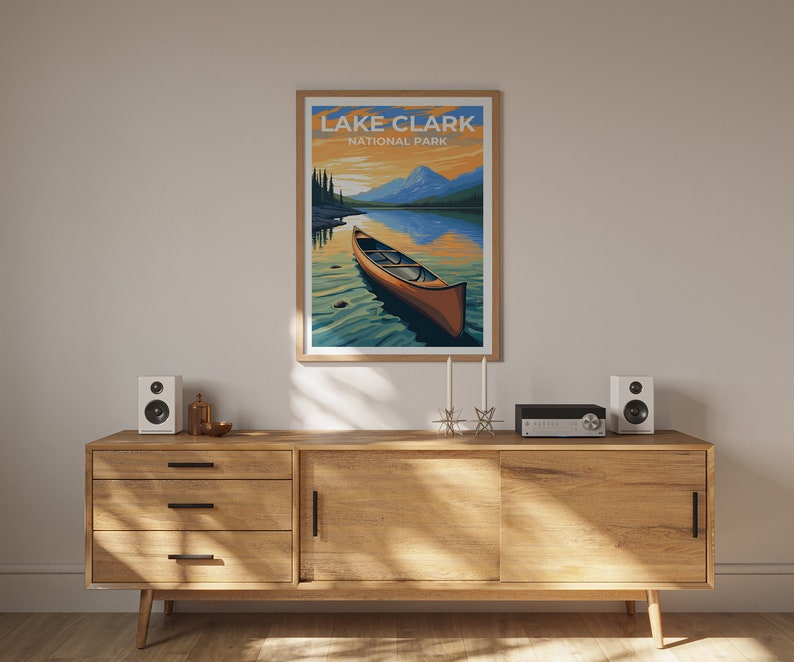 Affiche de voyage sur le lac Clark, art mural sur l'Alaska, impression sur l'Alaska, affiche sur le lac Clark, affiche sur le lac, affiche sur la nature, art sur le lac Clark
