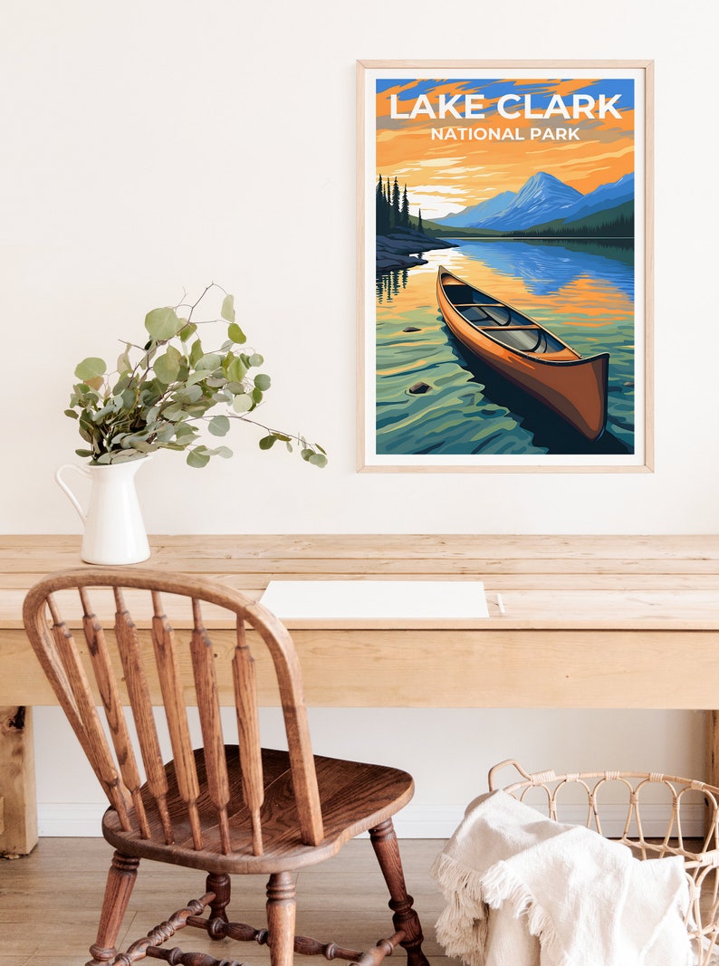 Affiche de voyage sur le lac Clark, art mural sur l'Alaska, impression sur l'Alaska, affiche sur le lac Clark, affiche sur le lac, affiche sur la nature, art sur le lac Clark