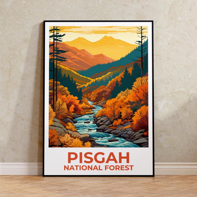 Affiche de la forêt nationale de Pisgah, affiche de Caroline du Nord, affiche imprimée de Pisgah, idée cadeau de voyage, illustration de forêt