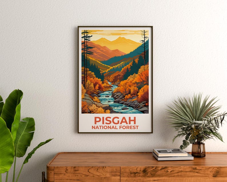 Affiche de la forêt nationale de Pisgah, affiche de Caroline du Nord, affiche imprimée de Pisgah, idée cadeau de voyage, illustration de forêt