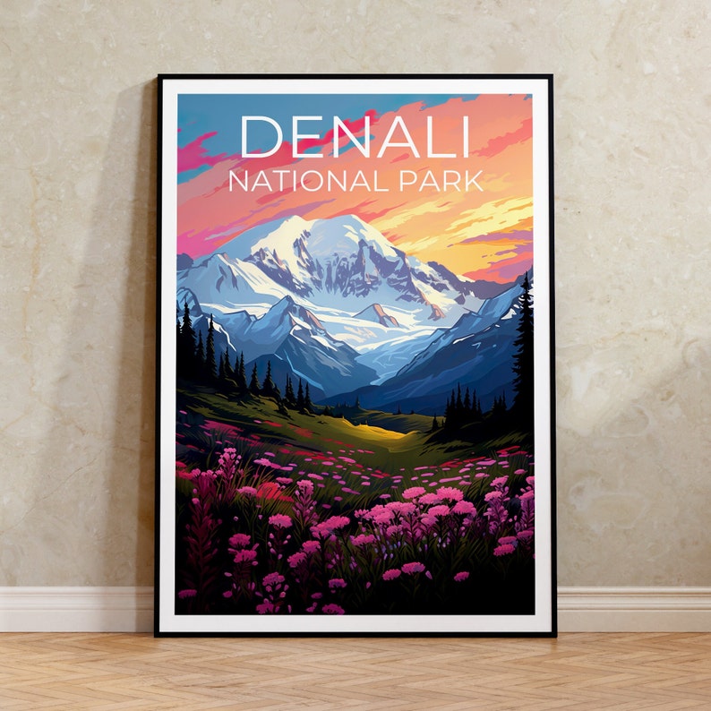 Affiche du parc national de Denali, impression du parc de Denali, art de l'Alaska, impression de l'Alaska, affiche de montagne, affiche de Denali, affiche de l'Alaska