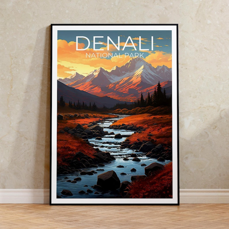 Affiche de voyage Denali, art mural de l'Alaska, impression de l'Alaska, affiche Denali, affiche de l'Alaska, affiche de montagne, art Denali