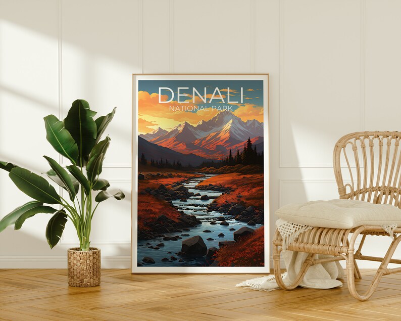 Affiche de voyage Denali, art mural de l'Alaska, impression de l'Alaska, affiche Denali, affiche de l'Alaska, affiche de montagne, art Denali