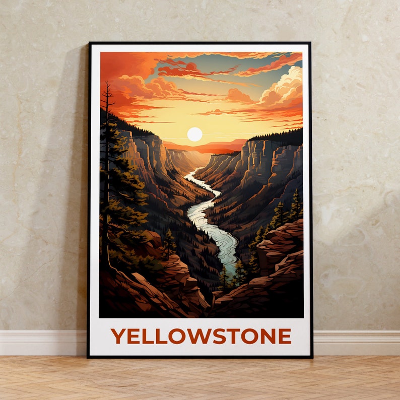 Affiche de voyage de Yellowstone, art mural du Wyoming, impression du Wyoming, affiche de Yellowstone, affiche du Wyoming, affiche du parc national, art de Yellowstone