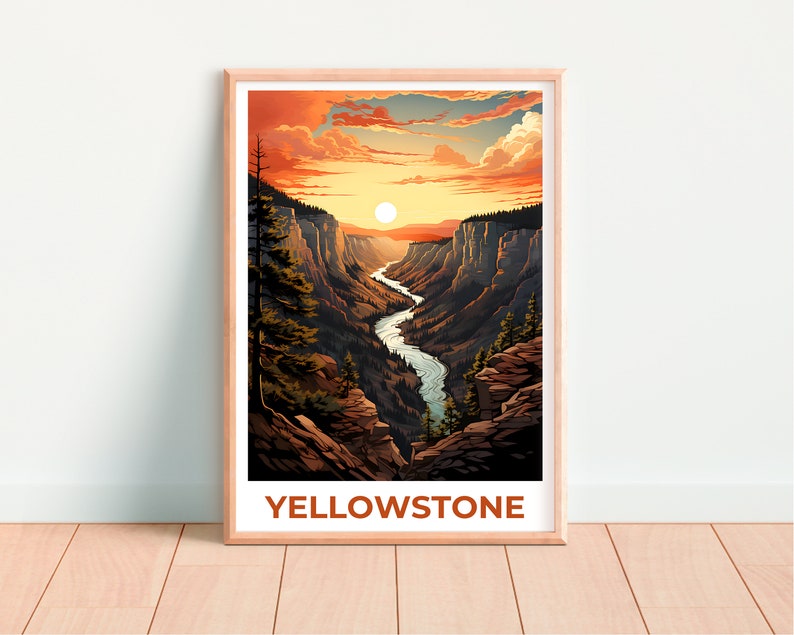 Affiche de voyage de Yellowstone, art mural du Wyoming, impression du Wyoming, affiche de Yellowstone, affiche du Wyoming, affiche du parc national, art de Yellowstone