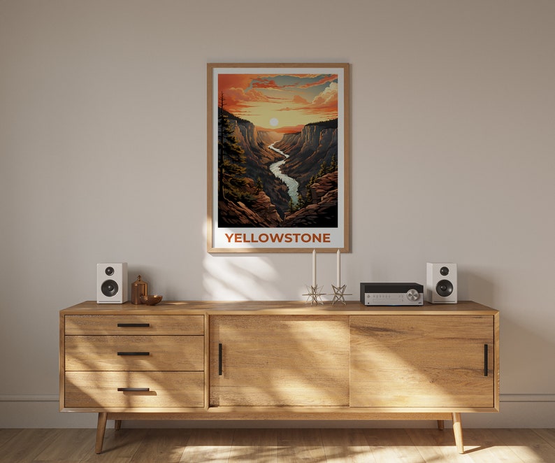 Affiche de voyage de Yellowstone, art mural du Wyoming, impression du Wyoming, affiche de Yellowstone, affiche du Wyoming, affiche du parc national, art de Yellowstone