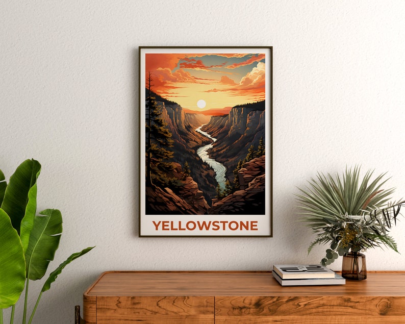 Affiche de voyage de Yellowstone, art mural du Wyoming, impression du Wyoming, affiche de Yellowstone, affiche du Wyoming, affiche du parc national, art de Yellowstone