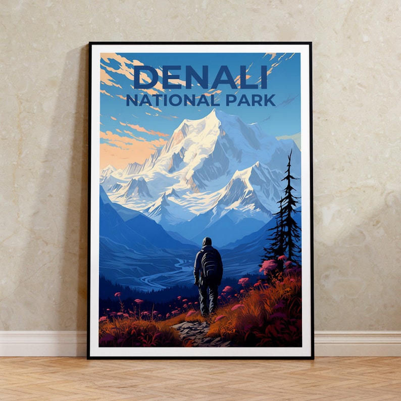Affiche du parc national de Denali, impression du parc de Denali, art de l'Alaska, impression de l'Alaska, affiche de randonnée, affiche de Denali, affiche de l'Alaska